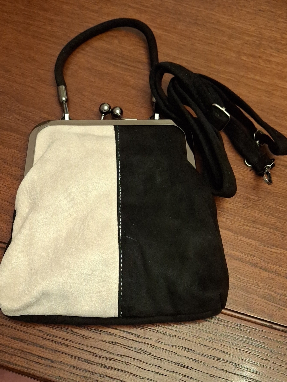 Classic Two-Tone Black Cream Handle/Crossbody Faux Suede 7.48x7.87x1.57 Bag New